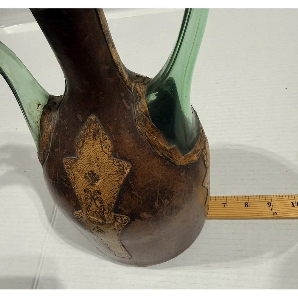 Vintage MCM Italian‎ Leather Wrapped Green Glass Decanter Bottle - 14.5